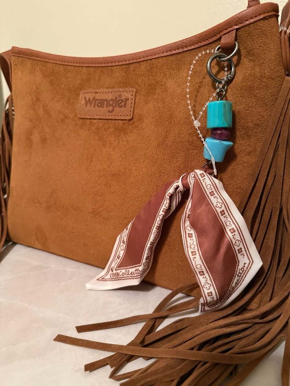 Wrangler Western Brown Suede Fringe hobo Crossbody Bag with Beaded Charm